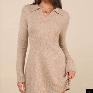 Lulu's Cozy Beige Long Sleeve Dress